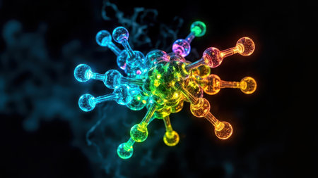 3d illustration of abstract virus with green, yellow and red colorsの素材