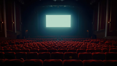 The image shows an empty theater auditorium. Rows of red velvet seats face a large, bright screen. The lighting is dim, with stage lights illuminating the screen. The architecture features classic design elements. The overall mood is one of anticipation and emptiness.の素材