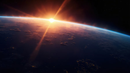 The image shows a view of Earth from space. The planet is partially illuminated by a bright orange and yellow light, likely a sunrise or sunset. The atmosphere is dark blue, with clouds visible below. The horizon curves across the frame. The overall mood is serene and awe-inspiring.の素材