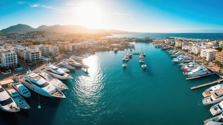 Aerial panoramic view of luxury yachts and motor boats moored in marina at sunset in Alicante, Spainの素材