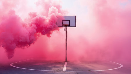A basketball hoop stands on a court, enveloped in billowing pink smoke. The smoke obscures parts of the court and the sky above, creating a surreal and hazy atmosphere. The composition is centered, with the hoop as the focal point. The color palette is dominated by shades of pink, with hints of blue in the court surface. The image has a modern, artistic feel.の素材