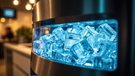 The image showcases a close-up view of a clear container filled with blue-illuminated ice cubes. The container has a brushed metal exterior. The background is blurred, featuring warm-toned lighting and indistinct shapes suggesting an interior setting. The focus is on the ice cubes, which appear cold and refreshing.の素材