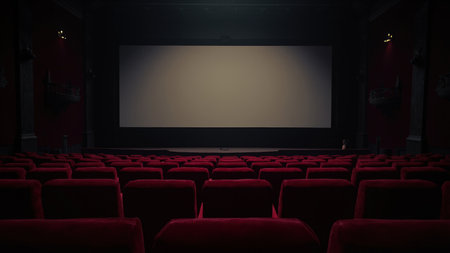 The image shows the interior of a classic movie theater. Rows of red velvet seats face a large, blank screen. The walls are dark red, and the setting is dimly lit. The composition emphasizes the emptiness and anticipation of a film about to begin.の素材