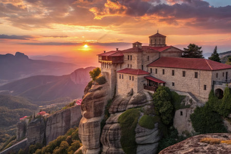 A stone monastery with red roofs sits atop a cliff at sunrise, with mountains in the background and a colorful sky.の素材