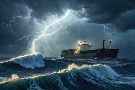 A cargo ship navigates stormy ocean waves under a lightning-filled sky, dark clouds, and turbulent water.の素材