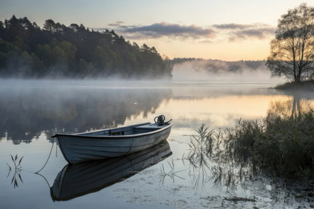 A gray boat floats on a calm lake reflecting the sky and mist at dawn with a tree on the shore.の素材