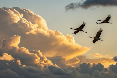 Three cranes in silhouette against a backdrop of golden clouds and a blue sky.の素材