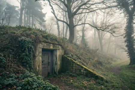 A weathered wooden door set into a moss-covered stone bunker in a foggy forest setting.の素材