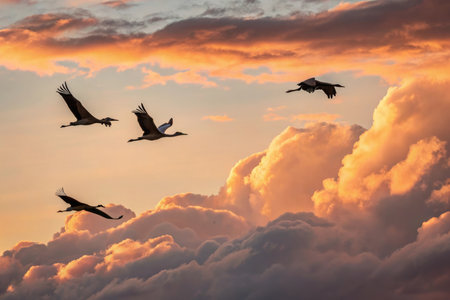 Cranes in silhouette against a backdrop of golden and orange clouds during sunset.の素材