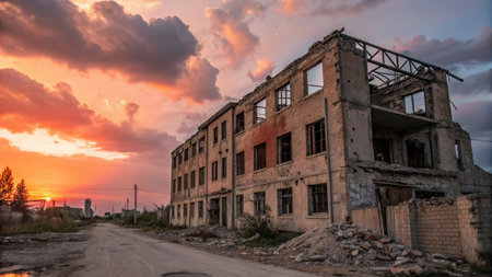A war-damaged building is set against a sunset sky with orange and pink clouds. A dirt road leads to the building.の素材