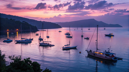 Sailboats anchored in calm water at dusk with purple and pink sky and distant mountains.の素材