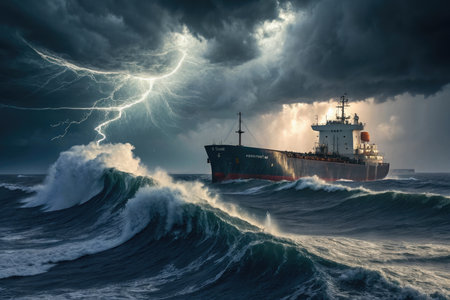 A cargo ship sailing through a stormy ocean with large waves and lightning strikes.の素材