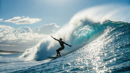 A surfer in a wetsuit rides a large wave with arms outstretched the water sparkles in the sun.の素材