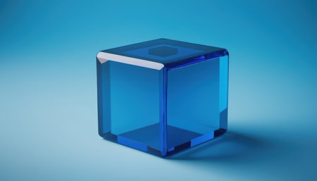 3d rendering of blue glass cube on blue background with shadow.の素材