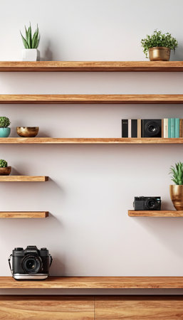Shelf with books, photo camera and plants. 3d renderingの素材