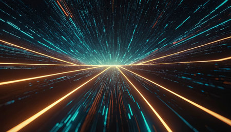 Futuristic tunnel with glowing lines and rays. 3d renderingの素材