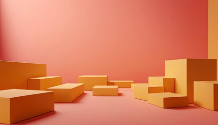 3d rendering of abstract minimal geometric forms. Glossy orange podium for your design.の素材