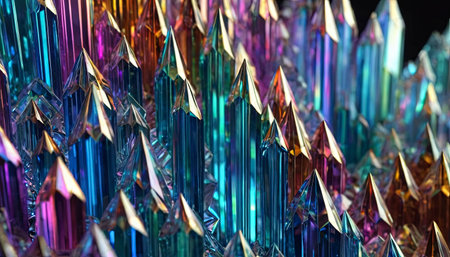 Close-up of multicolored crystals on a black background.の素材