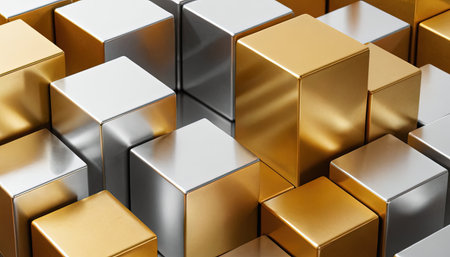 3d rendering of golden and silver metallic cubes in a row backgroundの素材