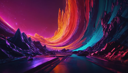 Fantasy alien planet. Mountain and lake. 3D illustration.の素材