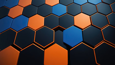 3d rendering of abstract hexagon background in orange and blue colorの素材