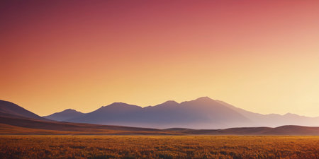 Sunset in the steppe. Landscape with mountains and grasslandの素材