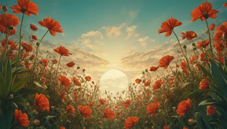 Field of poppies at sunset. Filtered image processed vintage effect.の素材