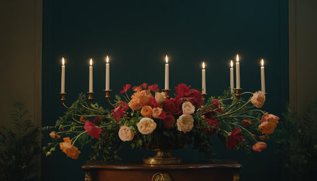 Flower arrangement in vase with burning candles in dark room.の素材