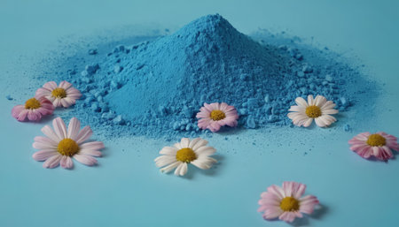Heap of blue powder with chamomile flowers on blue backgroundの素材