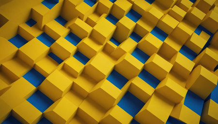 3d rendering of abstract geometric background with blue and yellow cubes.の素材