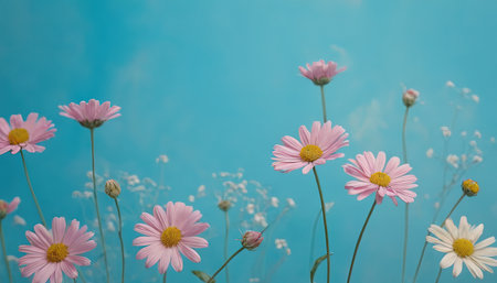 pink daisies on a blue background with space for textの素材