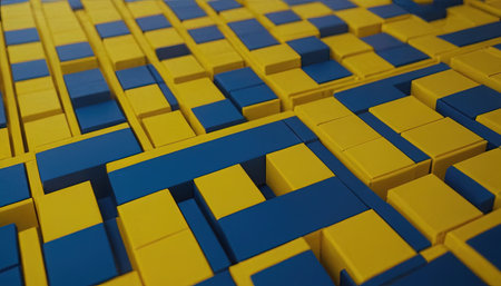 abstract 3d illustration of blue and yellow cubes background, digitally generated imageの素材