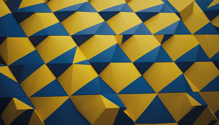 3d rendering of abstract geometric background with yellow and blue triangles.の素材