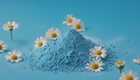 Powder with chamomile flowers on a blue background.の素材