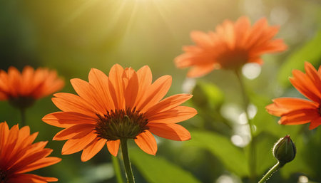 Orange gerbera flowers in the garden with sunlight. Floral background.の素材