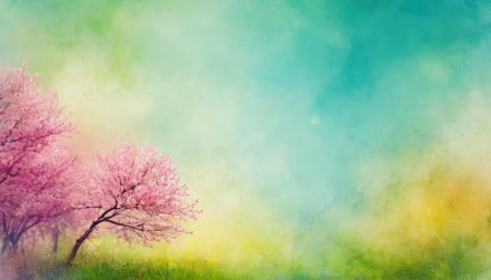 Spring nature background with cherry blossom tree and green grass. Springtime.の素材