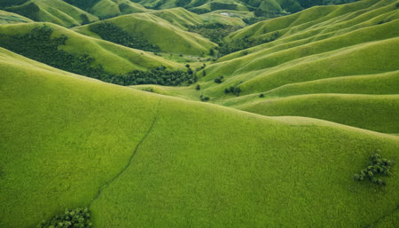 Aerial view of green hills and meadows in Taiwan, Asiaの素材