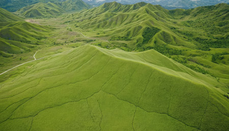 Aerial view of green grassland in the mountains, China.の素材
