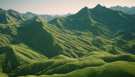 Landscape of green hills and mountains in Xinjiang, China.の素材