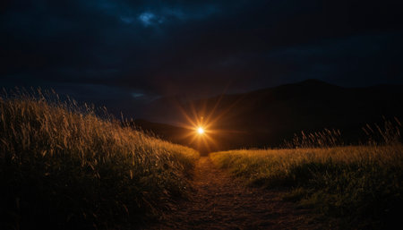 Dramatic sunset in the mountains with a path leading to the sunの素材