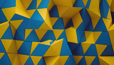 3d rendering of abstract geometric background with yellow and blue triangular polygonsの素材
