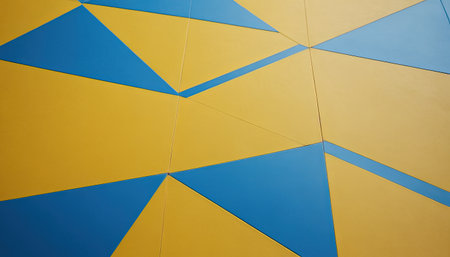 Abstract background of yellow and blue geometric pattern on the wall of the buildingの素材