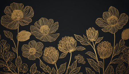 Seamless pattern with golden flowers on a black background. Vector illustration.の素材