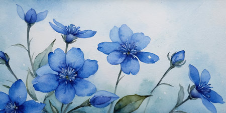 Blue flowers watercolor painting on paper background. Hand drawn illustration.の素材