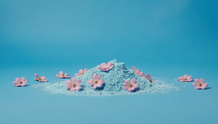 A pile of blue powder with pink flowers on a blue background.の素材