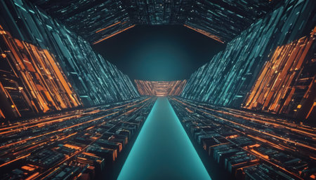 Futuristic corridor with glowing neon lights. 3D Renderingの素材