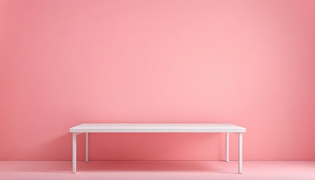 Empty white table on pink wall background. 3D Rendering.の素材