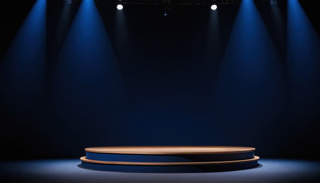 Stage Podium Scene for Award Ceremony illuminated with spotlight. Award ceremony concept. Stage backdrop.の素材