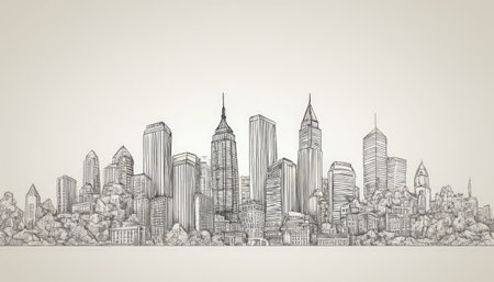 Hand drawn sketch of a big city. Vector illustration. Cityscape.の素材