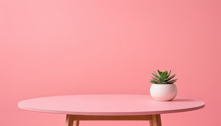 Pink table with green plant in pot on pink background. Minimal style.の素材